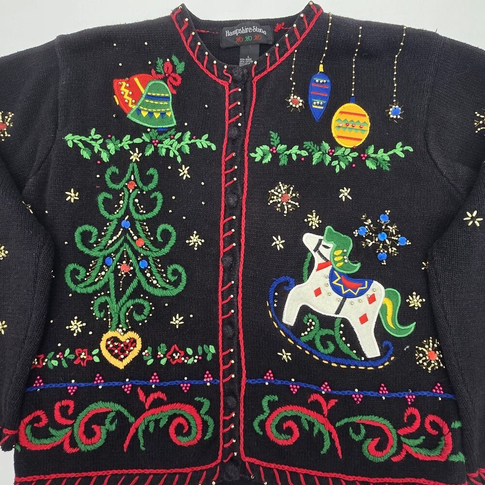 Vtg Hampshire Studio Christmas Sweater Size L Beaded Embroidered Rocking Horses